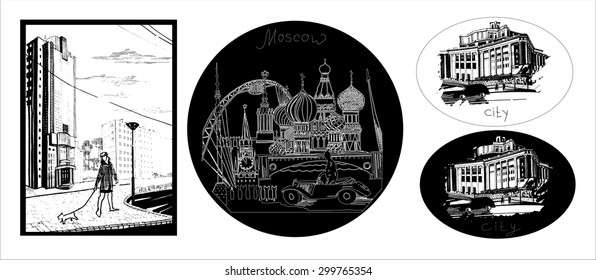 Vector set of hand draw icons of town. Outline Moscow for design