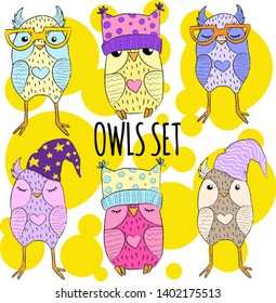 Vector set of hand draw illustration with isolated colorful funny owls in stylish hat and glasses in cartoons style with crayon line on bright bubble background