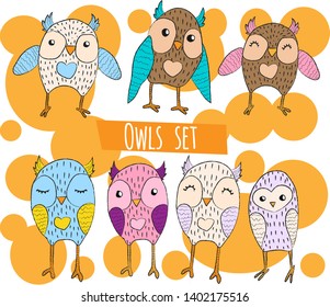 Vector set of hand draw illustration with isolated colorful funny owls in cartoons style with crayon line on bright bubble background