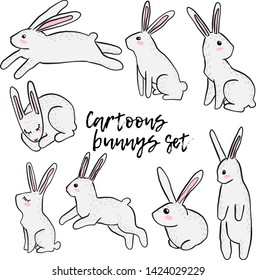 Vector set of hand draw illustration of white bunny in different poses on white background in scandinavian style. Collections of funny rabbits in cartoons style.  Doodles hare in different situation.