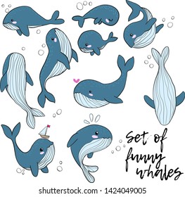 Vector set of hand draw illustration of white whales in different poses on white background in scandinavian style. Collections of funny cetacea in cartoons style.  Doodles whale in different situation