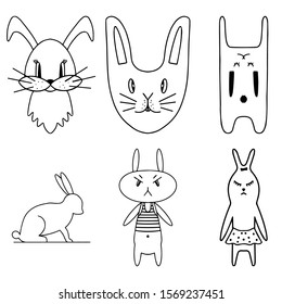 Vector set of hand draw illustration of white bunny in different poses on white background in scandinavian style. Collections of funny rabbits in cartoons style.