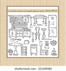 Vector Set Of Hand Draw And Isolated Kitchen Furniture, Household Appliances Sketches. Doodles For Use In Design