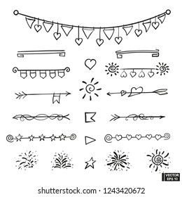 Vector set of hand draw underline patterns, dividers and festive elements. Doodle icons checkboxes, firework, hearts