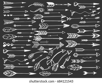 Vector set of hand draw vintage arrows on the black background
