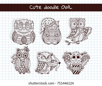Vector set of hand drawing bird. Forest cartoon owls, ornate sketch style. Fashion ribbon owl, owl with crossbow, cup of coffee. Vintage animals, elements for design. Stripped background
