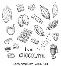 Vector Set Of Hand Drawing Of Cocoa And Chocolate. Hand Drawing On White Background