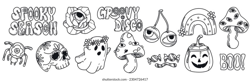 Vector set of hand drawing groovy halloween stickers. Psychedelic collection of hippie design elements. Mushrooms, spider, pumpkin, rainbow, cherry with etes and skull isolated on white background.