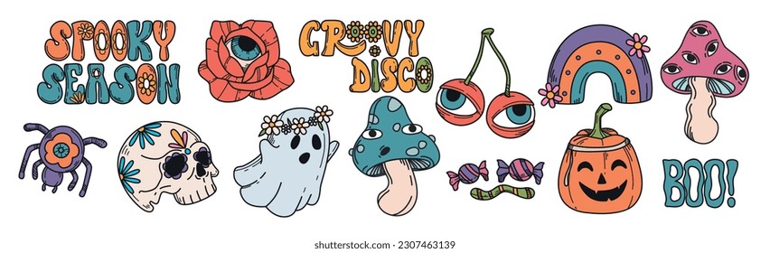 Vector set of hand drawing groovy halloween colorful stickers. Psychedelic collection of hippie color design elements. Mushrooms, spider, pumpkin, rainbow, cherry with eyes, skull on white background