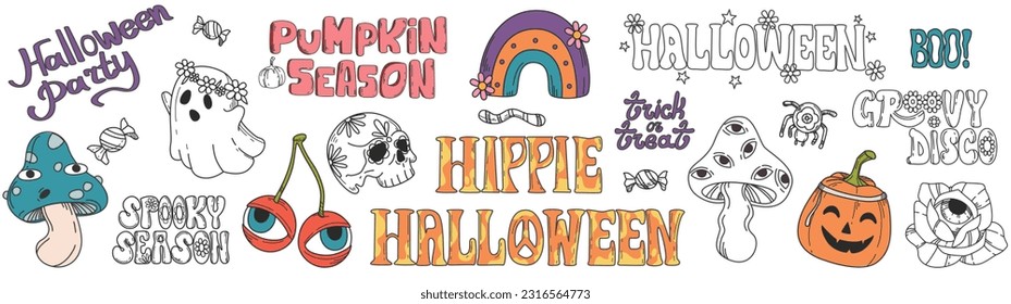 Vector set of hand drawing groovy halloween stickers. Doodle fly agaric mushroom,pumpkin, spider, rainbow, cherry with eyes and skull isolated on white background. Psychedelic hippie design elements.
