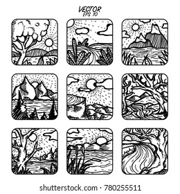 Vector set of hand drawing landscape minimal black line doodle background