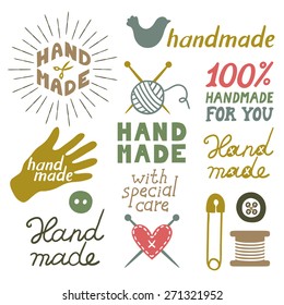 Vector set of hand drawing logos for handmade with different objects and beautiful hand drawing text "Handmade", "hand made for you", "with special care"