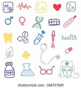 Vector set of hand drawing medical icons