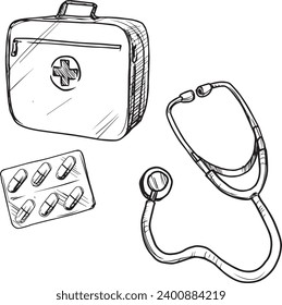 Vector set of hand drawing. Medical bag, stethoscope pills. Set of medicine items	
