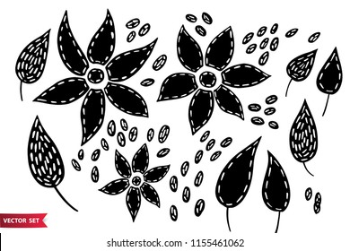 Vector set of hand drawing wild plants, herbs and flowers, monochrome artistic botanical illustration, isolated floral elements, hand drawn illustration.