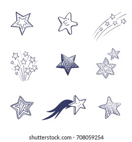 Vector set of hand drawings of stars of different shapes on a white background