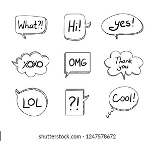 Vector Set of Hand Drawn 3D Cartoon Talk Bubbles Isolated on White Background, Black Design Elements Collection.