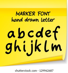 Vector set with hand drawn ABC letters. Marker font on yellow sticker