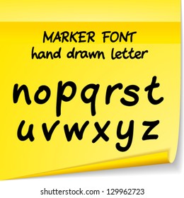 Vector set with hand drawn ABC letters. Marker font on yellow sticker