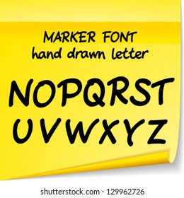 Vector set with hand drawn ABC letters. Marker font on yellow sticker