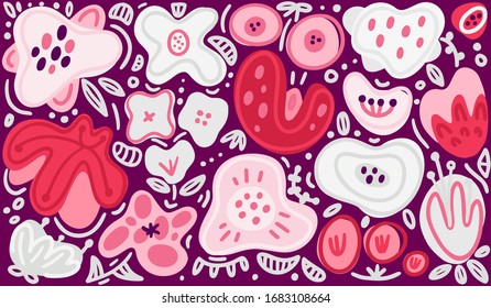 Conjunto vectorial de flores abstractas dibujadas a mano. Composición floral. Lugares y manchas. Estilo de doodle a mano libre. Diseño artístico para tarjetas, embalajes, decoración doméstica, invitación, banner, tapa, adhesivos, etiqueta