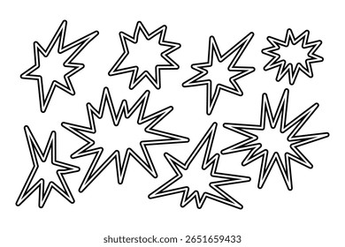 Vector set of a hand drawn abstract black and white doodle stars in various shapes and sizes. Isolated on a white background. Minimalist and decorative elements for graphic design themes