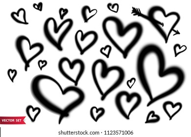 Vector set of hand drawn airbrush symbols. Various shape and size hand drawn hearts