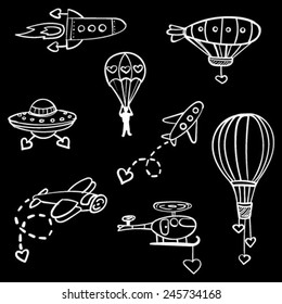 Vector set of hand drawn aircraft icons, balloon, helicopter, rocket,  flying saucer, plane, dirigible, parachute. Outlined illustration of flying vehicles with heart signs. 	 