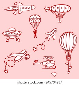 Vector set of hand drawn aircraft icons, balloon, helicopter, rocket,  flying saucer, plane, dirigible, parachute. Outlined illustration of flying vehicles with heart signs.