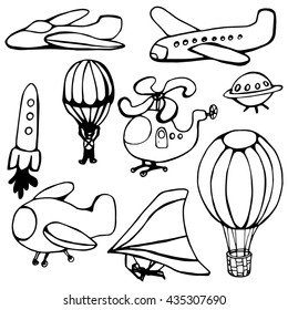 Vector set of hand drawn aircraft icons, balloon, helicopter, rocket, flying saucer, plane, parachute. 