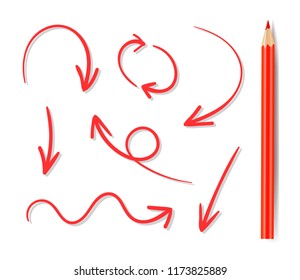 Vector Set of Hand Drawn Arrown and Red Pencil, Icons with Shadows Isolated on White Background.