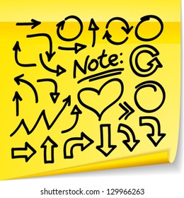 Vector set with hand drawn arrows.  Marker drawing on yellow sticker