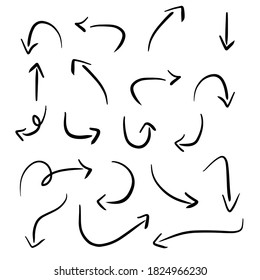 Vector set of hand drawn arrows pointing in different directions on white background