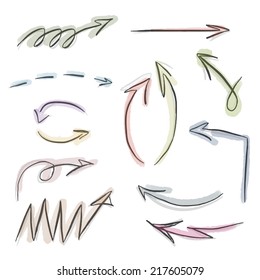 Vector set of hand drawn arrows isolated on white. Doodle style with watercolor details. Isolated arrows. Sketch graphics arrows for design, web, marketing, business, education, decoration 