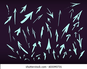  Vector Set Of Hand Drawn Arrows. Big And Small. Light Blue Arrows Isolated On Dark Purple Background. Different Size. Different Shapes And Directions. Ink Style Design. EPS 10.