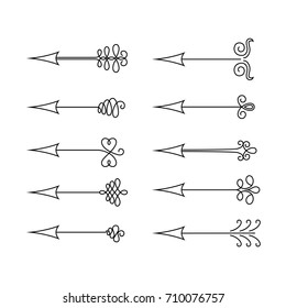 Vector set. Hand drawn arrows. Calligraphy, graphic design elements for page decoration (text divider, pattern, monogram, curlicues), Greeting Cards (wedding, Valentine's, birth day, holidays). EPS 10