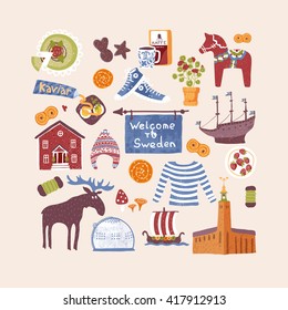 Vector set with hand drawn art design elements or symbols of Sweden. Traditional Swedish food, clothes, landmarks. Clipart for greeting cards and fabric about Scandinavia.