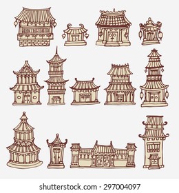 Vector set of hand drawn asian temples and manor houses