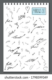 vector set of hand drawn assorted arrows in sketch doodle style isolated on white. hand written lettering with arrows. collection of arrows elements for your business design infographic icons