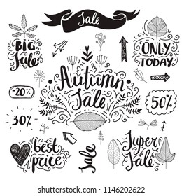 Vector set of hand drawn autumn sale banners. Doodle style, lettering. Best price, big sale, only today, super sale. Leaves, swirls, flowers, arrows, heart