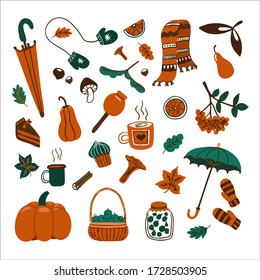 Conjunto vectorial de elementos de otoño dibujados a mano. Doodle y dibujos animados estilo 2d.