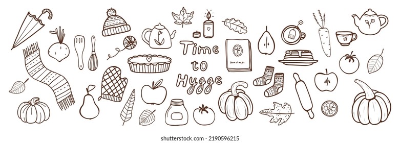 Conjunto vectorial de objetos hechos a mano en otoño, comida, verduras y artículos de cocina en estilo doodle. Para el diseño de empaque, pegatinas decorativas, tarjeta de saludo, banner, etiquetas, icono para el sitio web de la página, insignias.