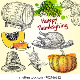 Vector set of hand drawn autumn Thanksgiving Day illustration. Traditional harvest festival design elements. Vintage fall sketch collection on white background. Outlines