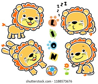 Vector set of hand drawn baby lion cartoon in different activity