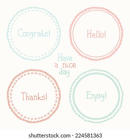 Vector set of hand drawn badges and elements. Doodle frames. Beautiful simple colorful lettering.