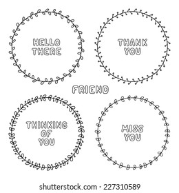Vector set of hand drawn badges and elements. Doodle frames. Beautiful simple lettering.