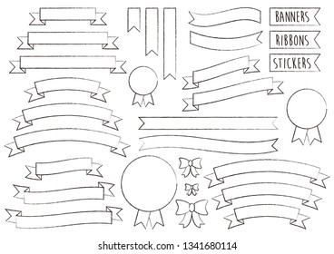 Vector Set of Hand Drawn Banners, Ribbons, and stickers