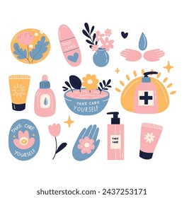 Vector conjunto de productos de belleza dibujados a mano. Ilustración vectorial en estilo plano. 