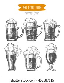 Vector set of  hand drawn beer glasses and mugs isolated on white background.