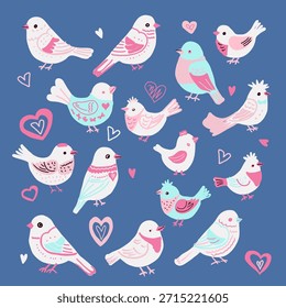 Conjunto de Vector de pájaros dibujados a mano y corazones sobre fondo azul. Lindas ilustraciones de primavera.